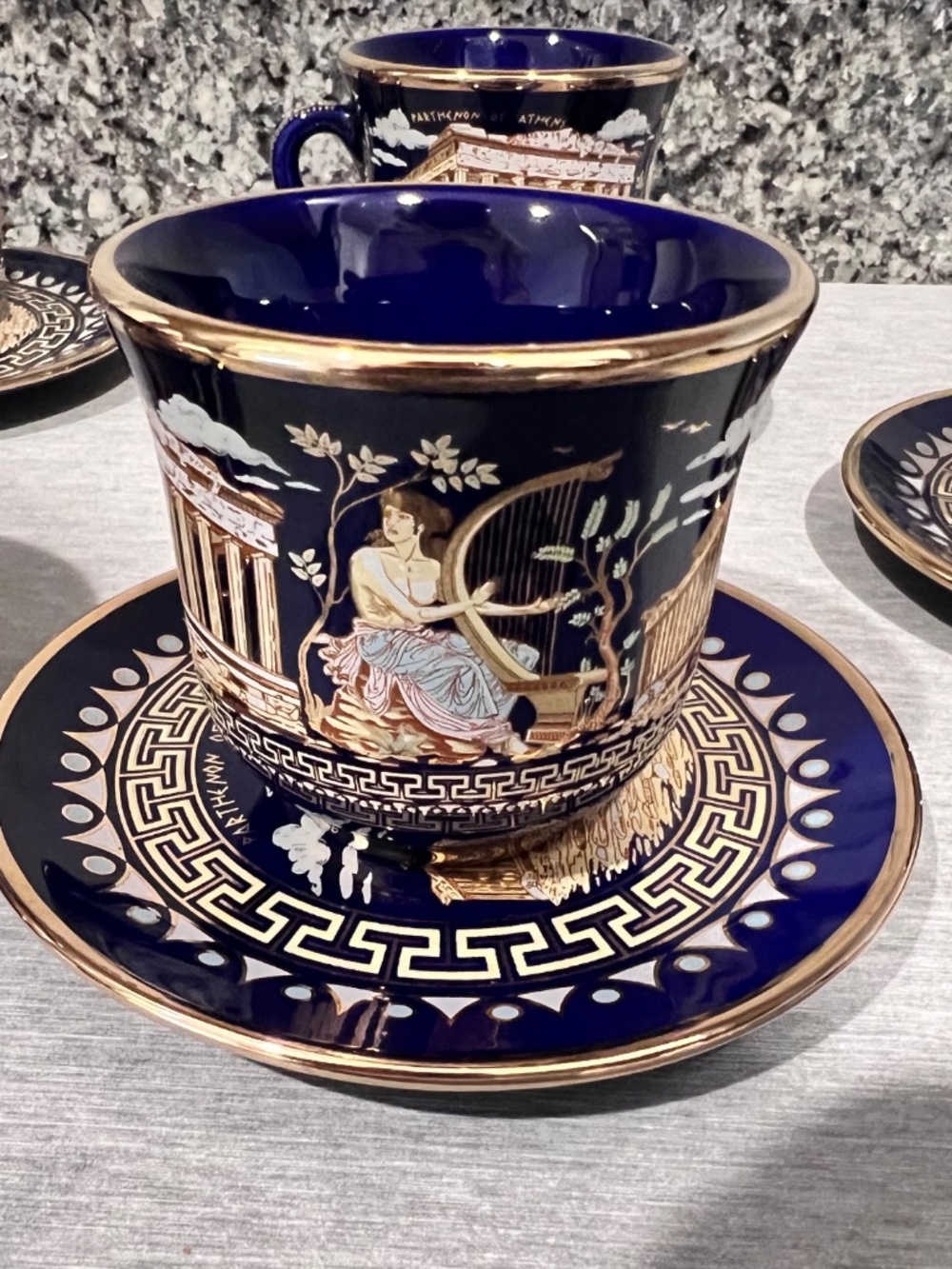 Greek Parthenon 24K Gold Cobalt Cup & Saucer Set 10 Pieces - Picture 6 of 15